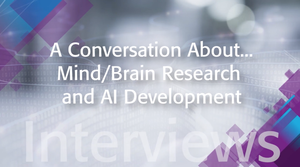 White text "A Conversation About Mind/Brain Research and AI Development" on silver and purple background.