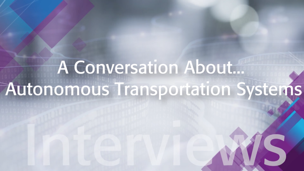 White text "A Conversation About Autonomous Transportation Systems" on silver and purple background.