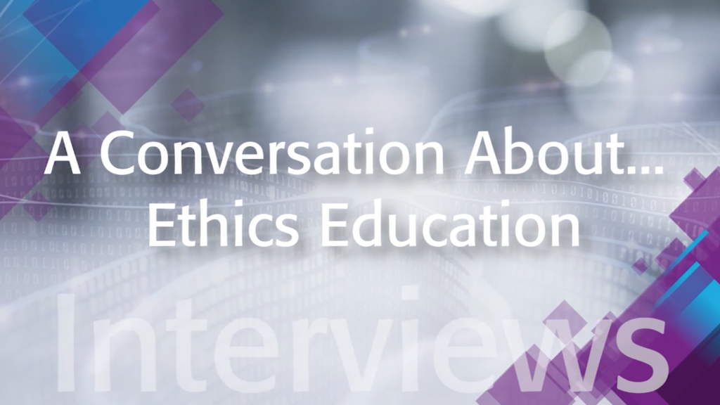 White text "A Conversation About Ethics Education" on silver and purple background
