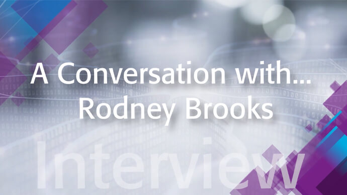 A Conversation with Rodney Brooks: IEEE TechEthics Interview. White text on purple and silver background.