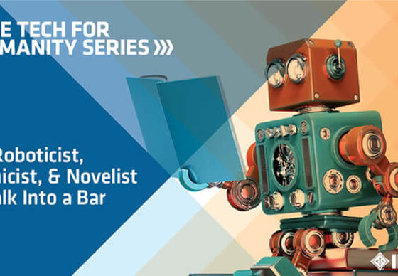 An old-timey robot reads a book of jokes. Text: A Roboticist, Ethicist and Novelist Walk Into a Bar: IEEE TechEthics Panel at SXSW