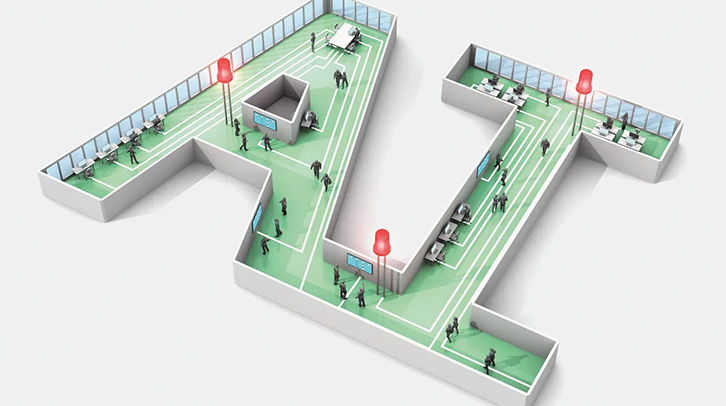 Artificial intelligence depicted as a circuit board layout with red lights, computers, and office workers.