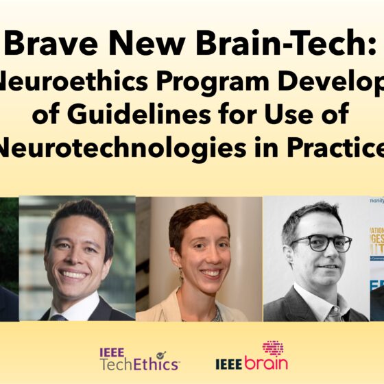 Text reads: Brave New Brain Tech - IEEE Neuroethics Program Development of Guidelines for Use of Neurotechnologies in Practice with photos of the five panelists.