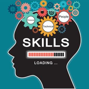 Image of an outlined human head with the word "Skills" and a loading symbol and several gears.