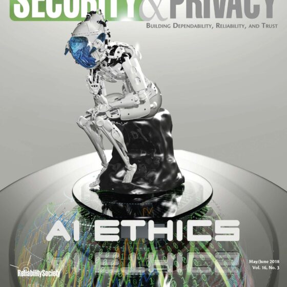 The cover of IEEE Security & Privacy Magazine. Features a robot in the style of Rodin's The Thinker sculpture.