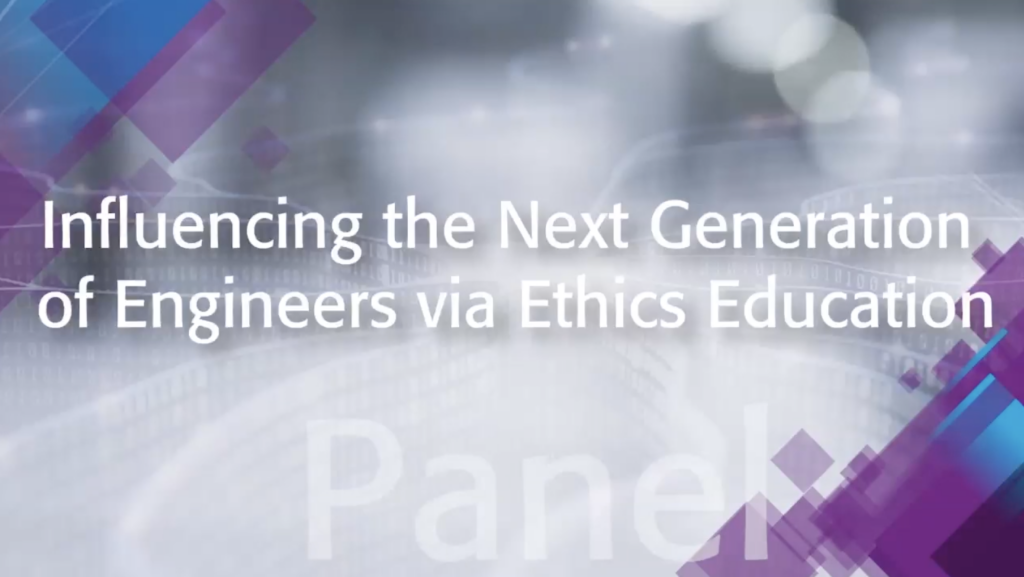 Influencing the Next Generation of Engineers via Ethics Education written in white text on a silver and purple background.
