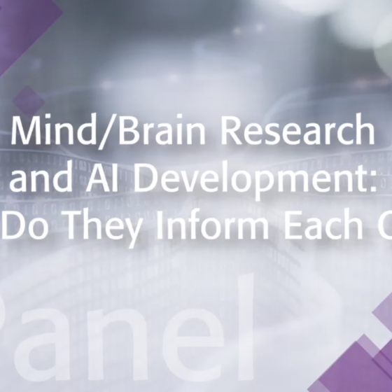 Mind/Brain Research and AI Development - How do they inform each other? Written in white text on a purple and silver background.