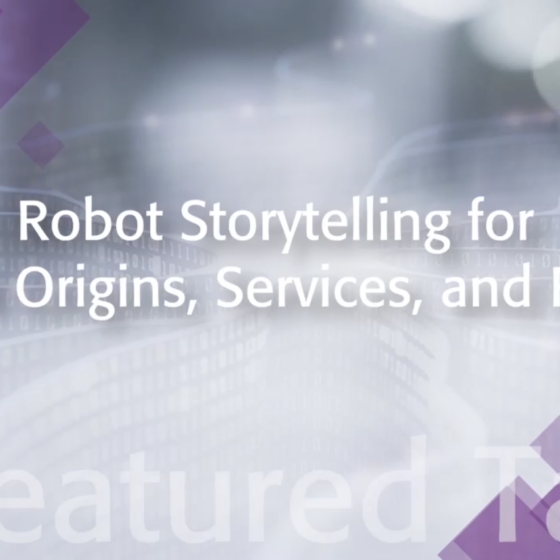 White text reads "Robot Storytelling for Ethical Origins, Services and Futures" against a grey and purple background.