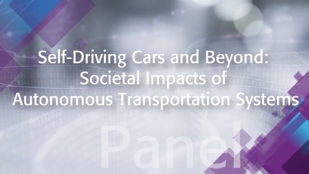 Text reads Self-Driving Cars and Beyond" Societal Impacts of Autonomous Transportation Systems in white text against a purple and grey background.