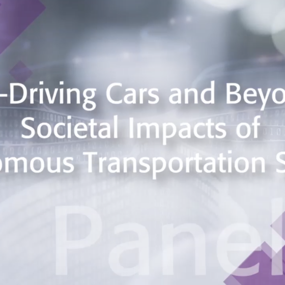Text reads Self-Driving Cars and Beyond" Societal Impacts of Autonomous Transportation Systems in white text against a purple and grey background.