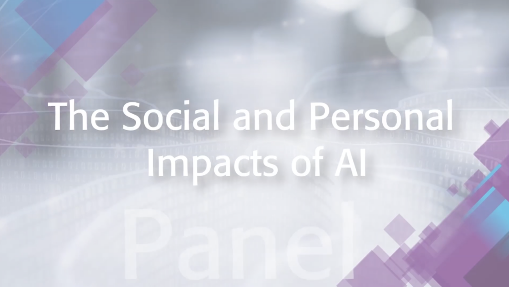 A grey and purple graphic with the words "The Social and Personal Impacts of AI" in white text.