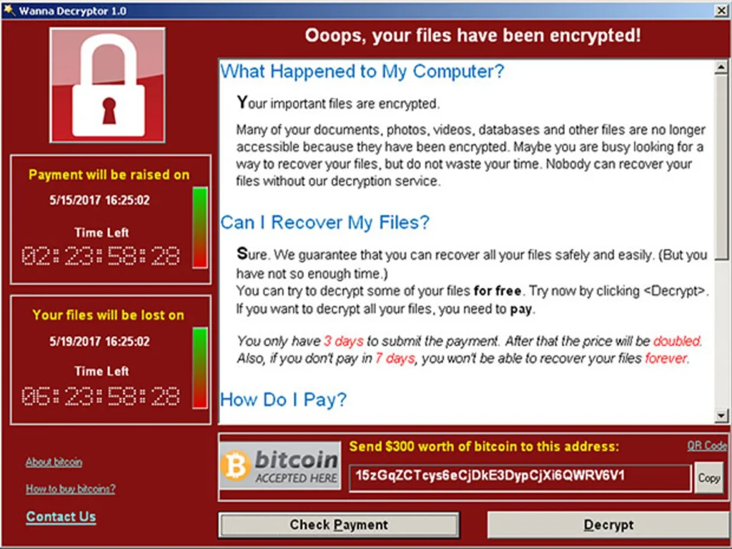 A screenshot of the WannaCry virus demanding bitcoin in exchange of file release and recovery.