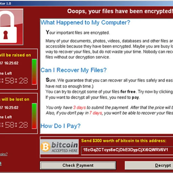 A screenshot of the WannaCry virus demanding bitcoin in exchange of file release and recovery.