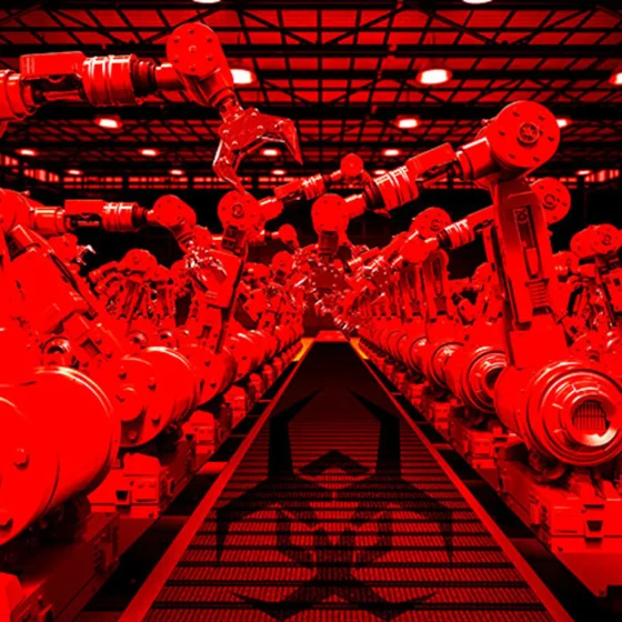 An eerie red landscape of robots on an assembly line.